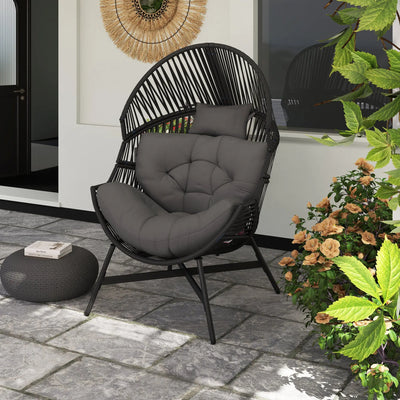 Outsunny Standing Rattan Egg Chair Outdoor, Oversized Wicker Garden Egg Chair with Thick Tufted Cushion, Headrest, Steel Frame, Charcoal Grey 