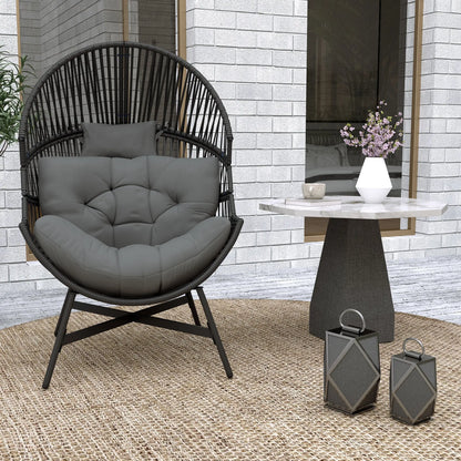 Outsunny Standing Rattan Egg Chair Outdoor, Oversized Wicker Garden Egg Chair with Thick Tufted Cushion, Headrest, Steel Frame, Charcoal Grey 