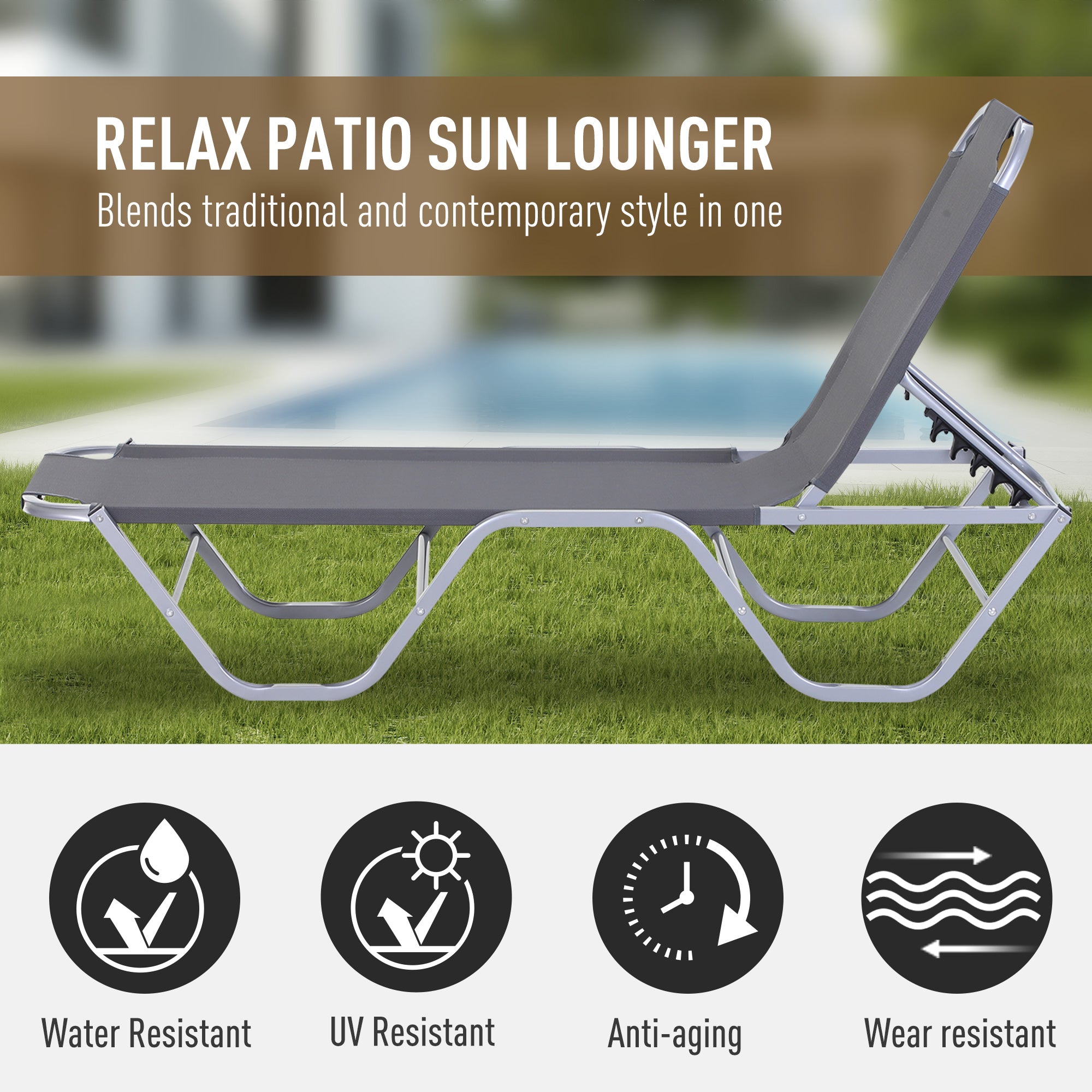 Outsunny Sun Lounger Relaxer Recliner w/ 5-Position Adjustable Backrest Pool Sun Bathing 