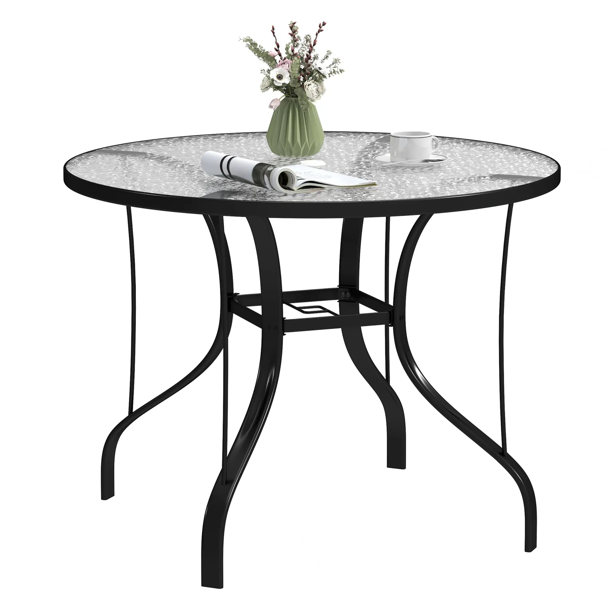 Outsunny Tempered Glass Top Round Outdoor Dining Table with Parasol Hole, 96.5 x 96.5 x 71 cm 