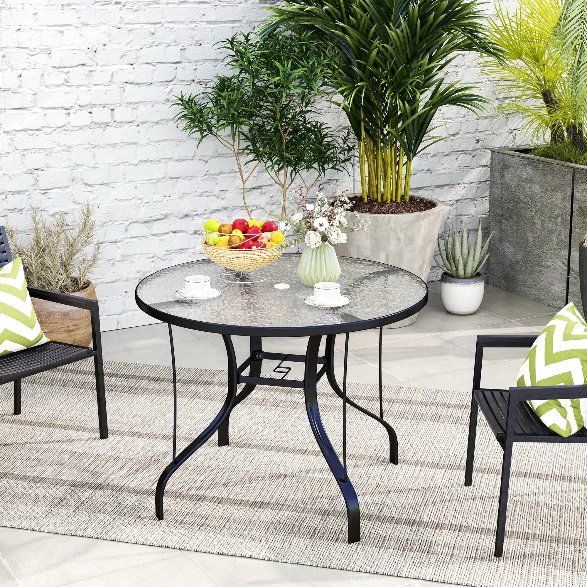 Outsunny Tempered Glass Top Round Outdoor Dining Table with Parasol Hole, 96.5 x 96.5 x 71 cm 