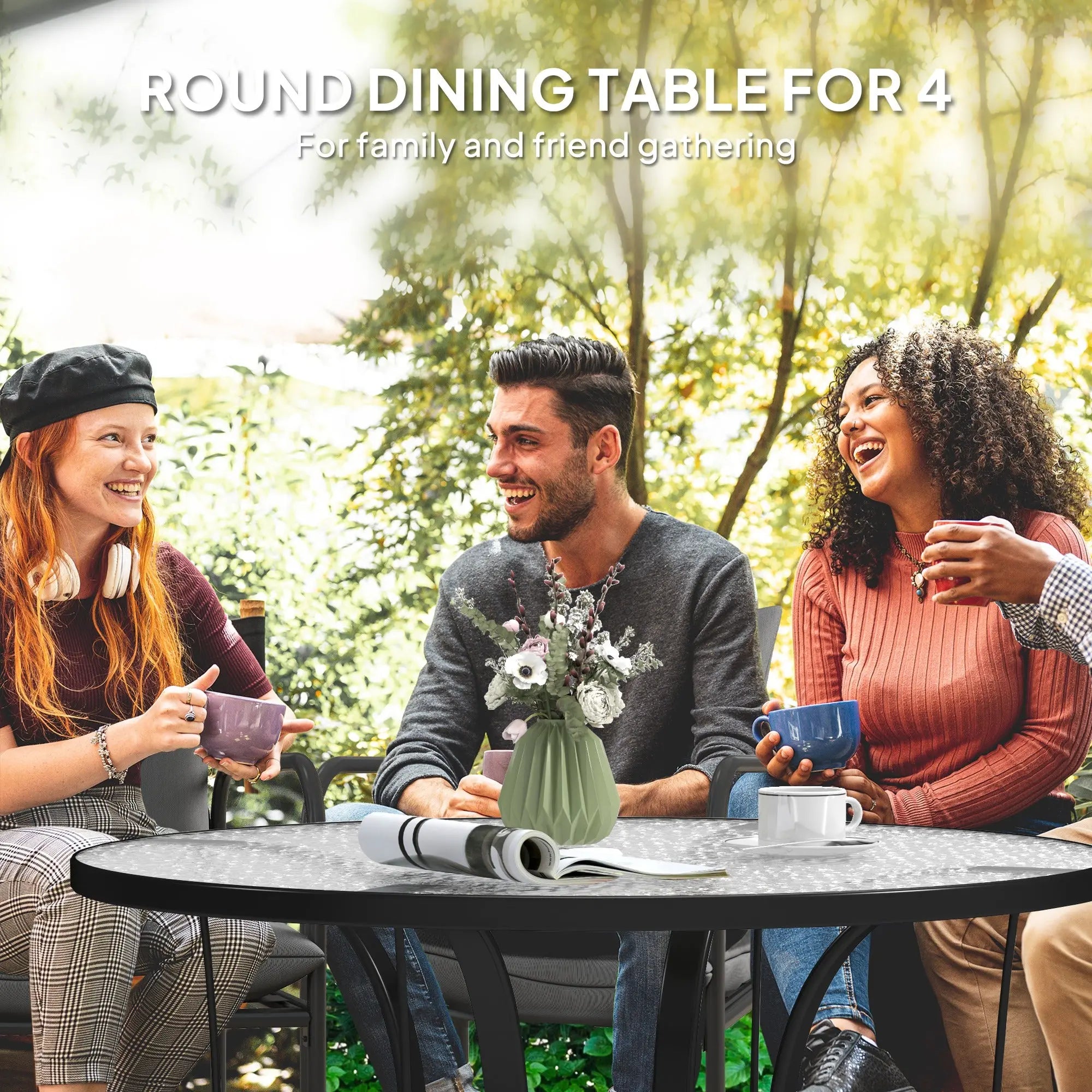 Outsunny Tempered Glass Top Round Outdoor Dining Table with Parasol Hole, 96.5 x 96.5 x 71 cm 