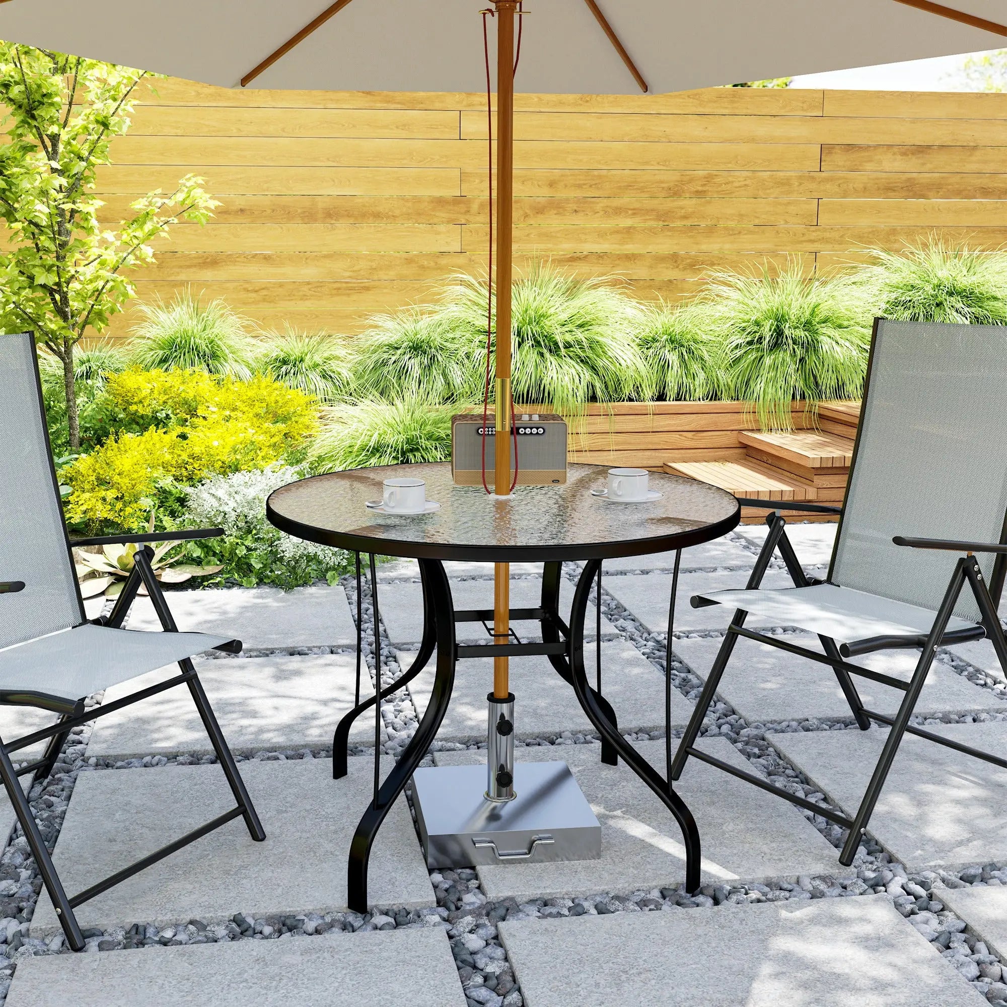 Outsunny Tempered Glass Top Round Outdoor Dining Table with Parasol Hole, 96.5 x 96.5 x 71 cm 