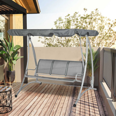 Outsunny Three Person Steel Outdoor Porch Swing Chair Bench w/ Canopy Cover Grey 