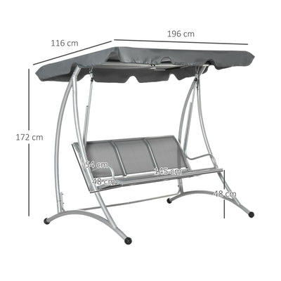 Outsunny Three Person Steel Outdoor Porch Swing Chair Bench w/ Canopy Cover Grey 