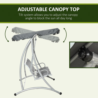 Outsunny Three Person Steel Outdoor Porch Swing Chair Bench w/ Canopy Cover Grey 