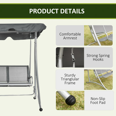 Outsunny Three Person Steel Outdoor Porch Swing Chair Bench w/ Canopy Cover Grey 