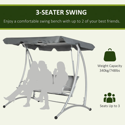 Outsunny Three Person Steel Outdoor Porch Swing Chair Bench w/ Canopy Cover Grey 