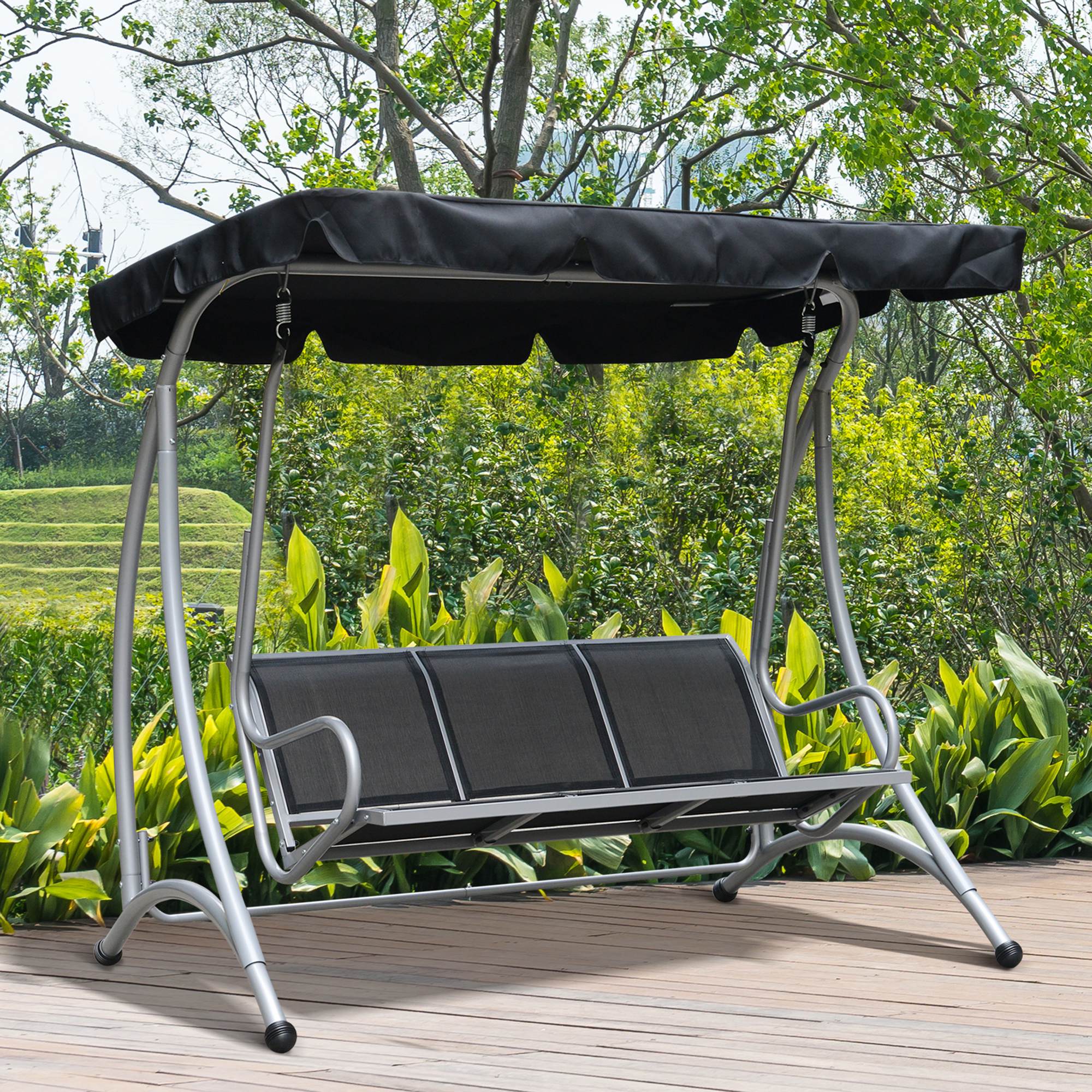 Outsunny Three Person Steel Outdoor Porch Swing Chair Bench with Canopy Cover - Black 
