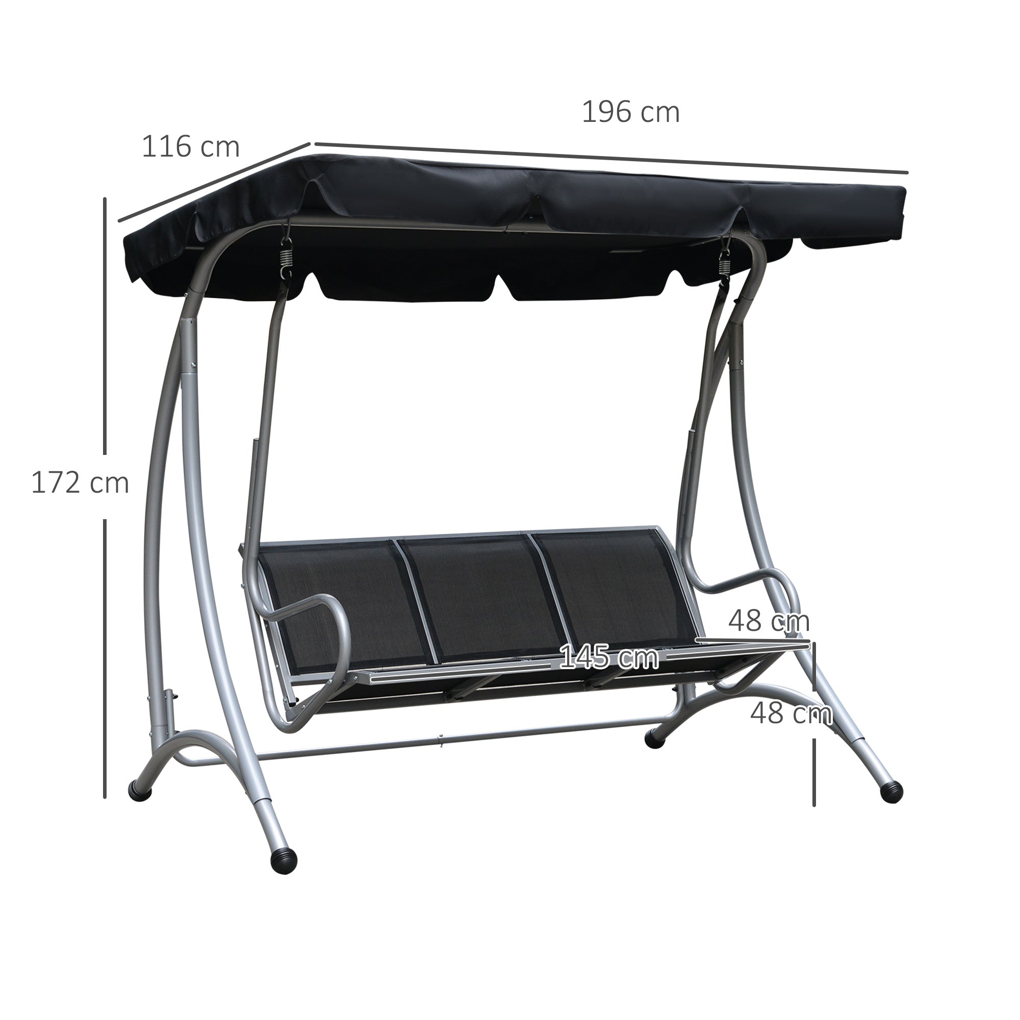 Outsunny Three Person Steel Outdoor Porch Swing Chair Bench with Canopy Cover - Black 