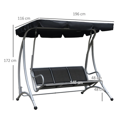 Outsunny Three Person Steel Outdoor Porch Swing Chair Bench with Canopy Cover - Black 