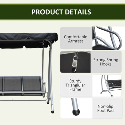 Outsunny Three Person Steel Outdoor Porch Swing Chair Bench with Canopy Cover - Black 