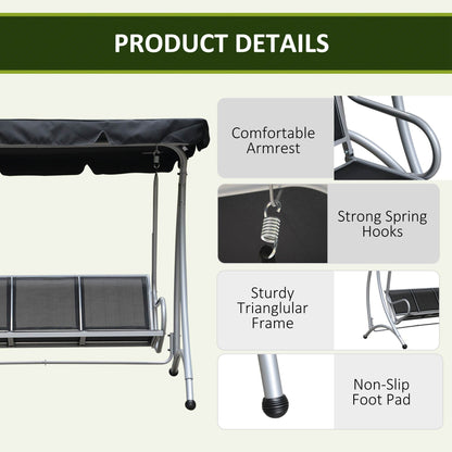 Outsunny Three Person Steel Outdoor Porch Swing Chair Bench with Canopy Cover - Black 