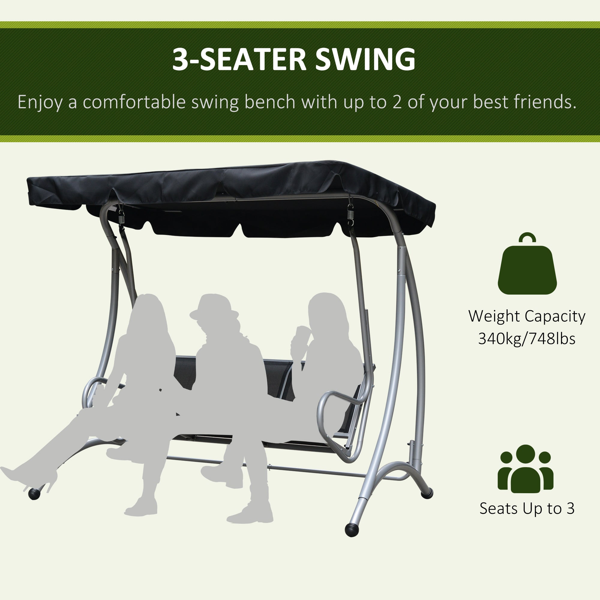 Outsunny Three Person Steel Outdoor Porch Swing Chair Bench with Canopy Cover - Black 