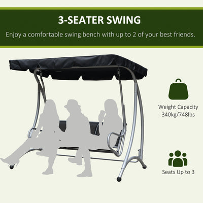 Outsunny Three Person Steel Outdoor Porch Swing Chair Bench with Canopy Cover - Black 