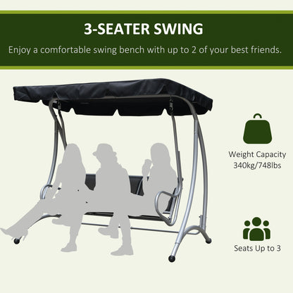 Outsunny Three Person Steel Outdoor Porch Swing Chair Bench with Canopy Cover - Black 