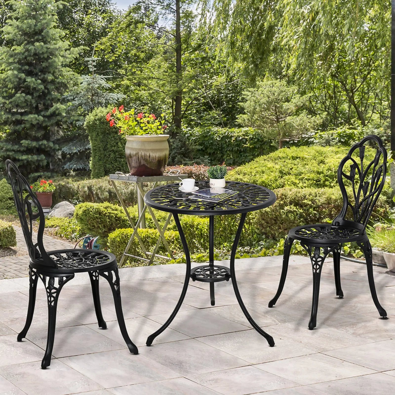 Outsunny Three-Piece Aluminium Floral Bistro Garden Set - Black 