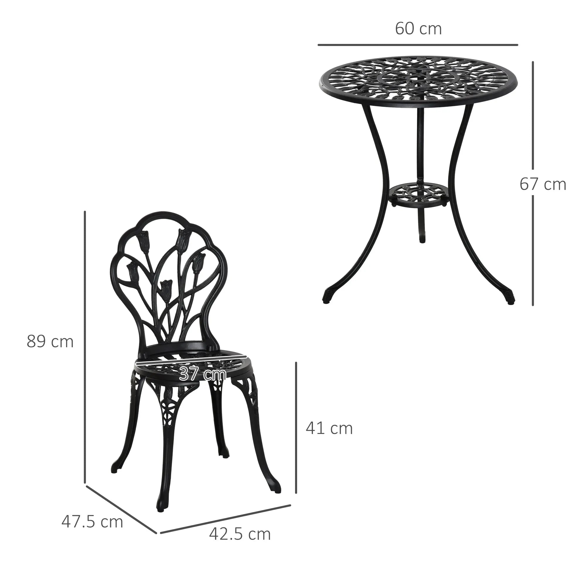 Outsunny Three-Piece Aluminium Floral Bistro Garden Set - Black 