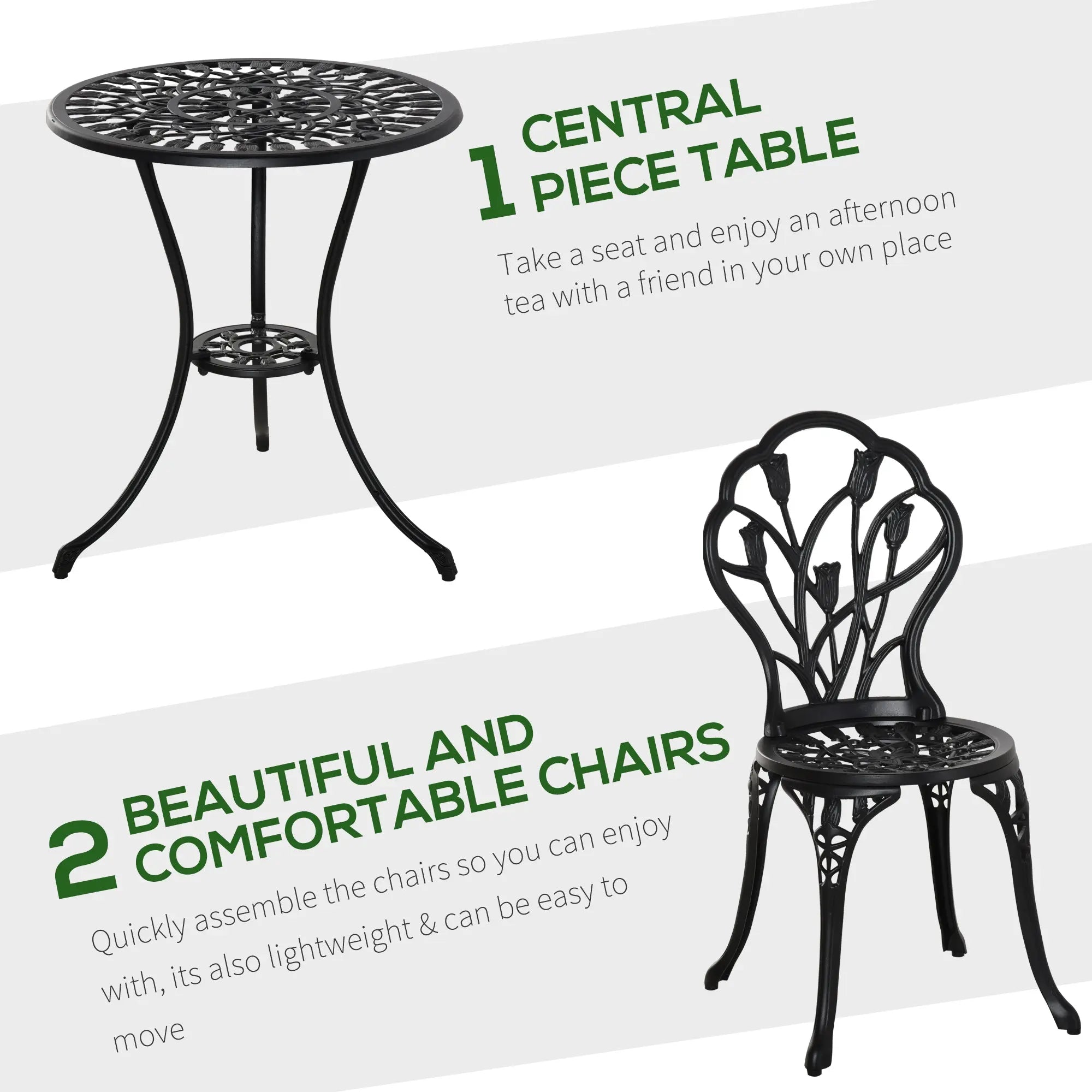 Outsunny Three-Piece Aluminium Floral Bistro Garden Set - Black 