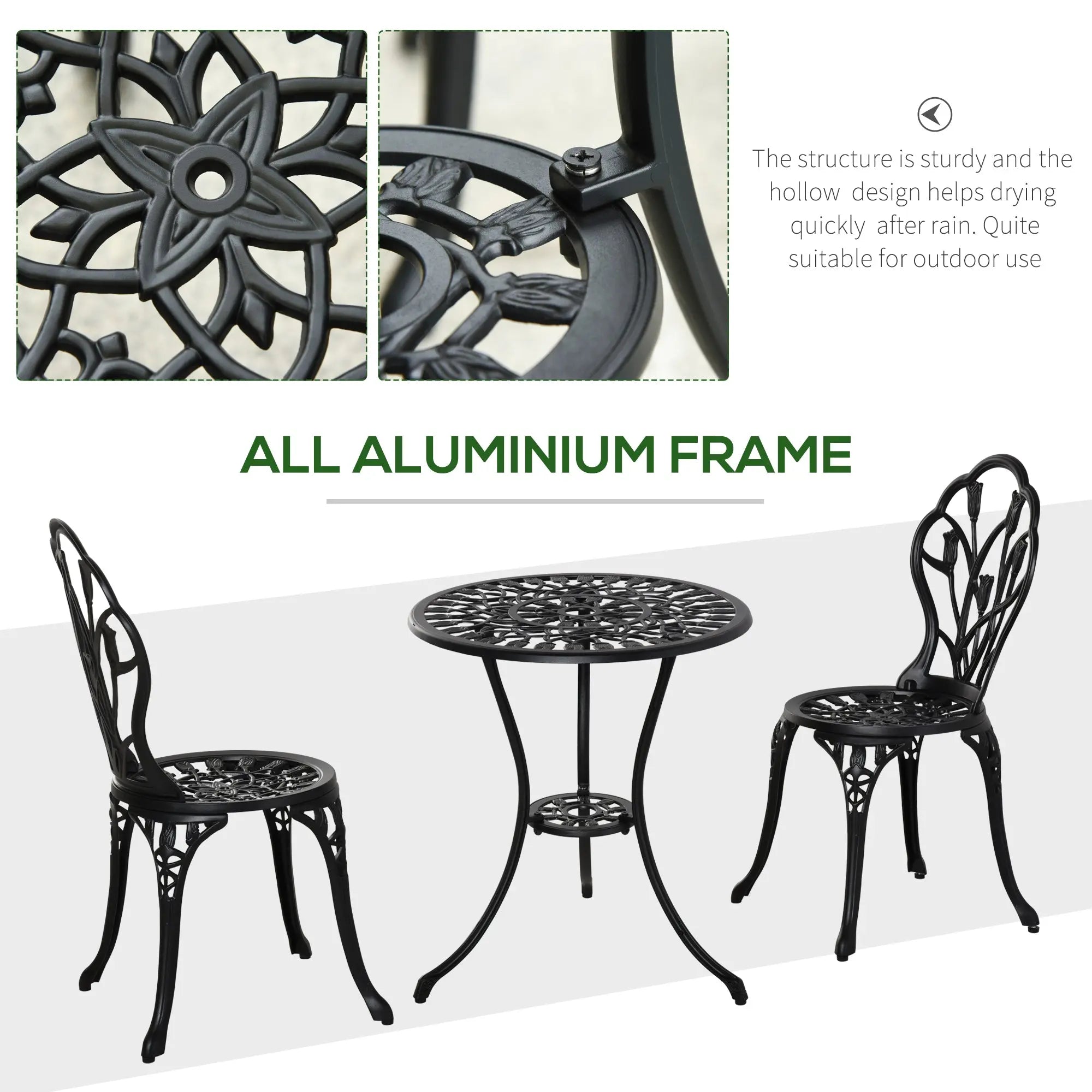 Outsunny Three-Piece Aluminium Floral Bistro Garden Set - Black 