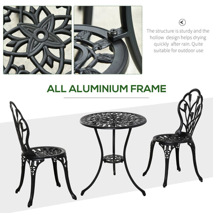 Outsunny Three-Piece Aluminium Floral Bistro Garden Set - Black 