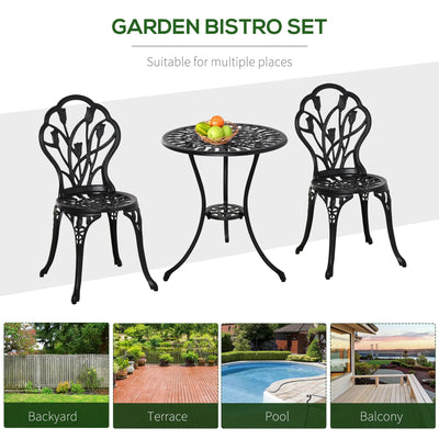 Outsunny Three-Piece Aluminium Floral Bistro Garden Set - Black 