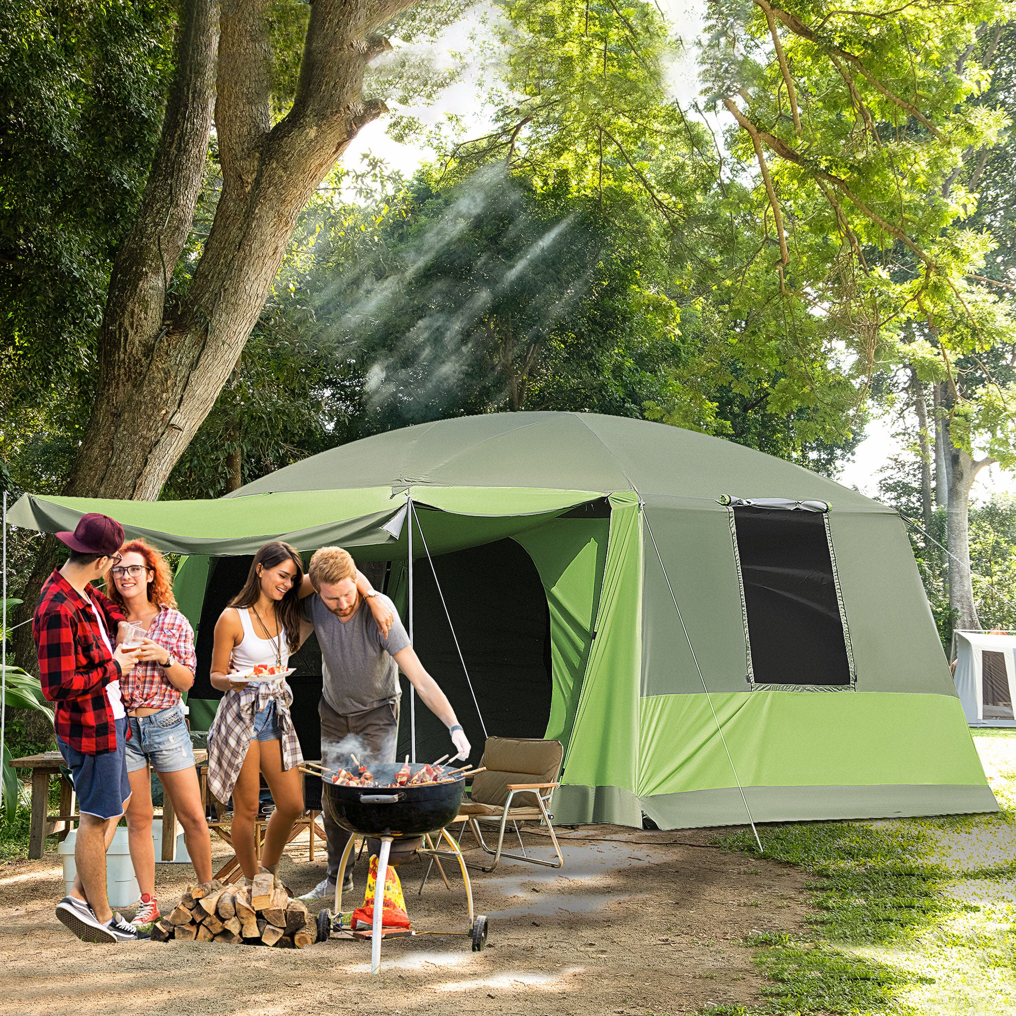 Outsunny Tunnel Tent Camping Shelter w/ Porch, Two Rooms, Lamp Hook, Portable Carry Bag 