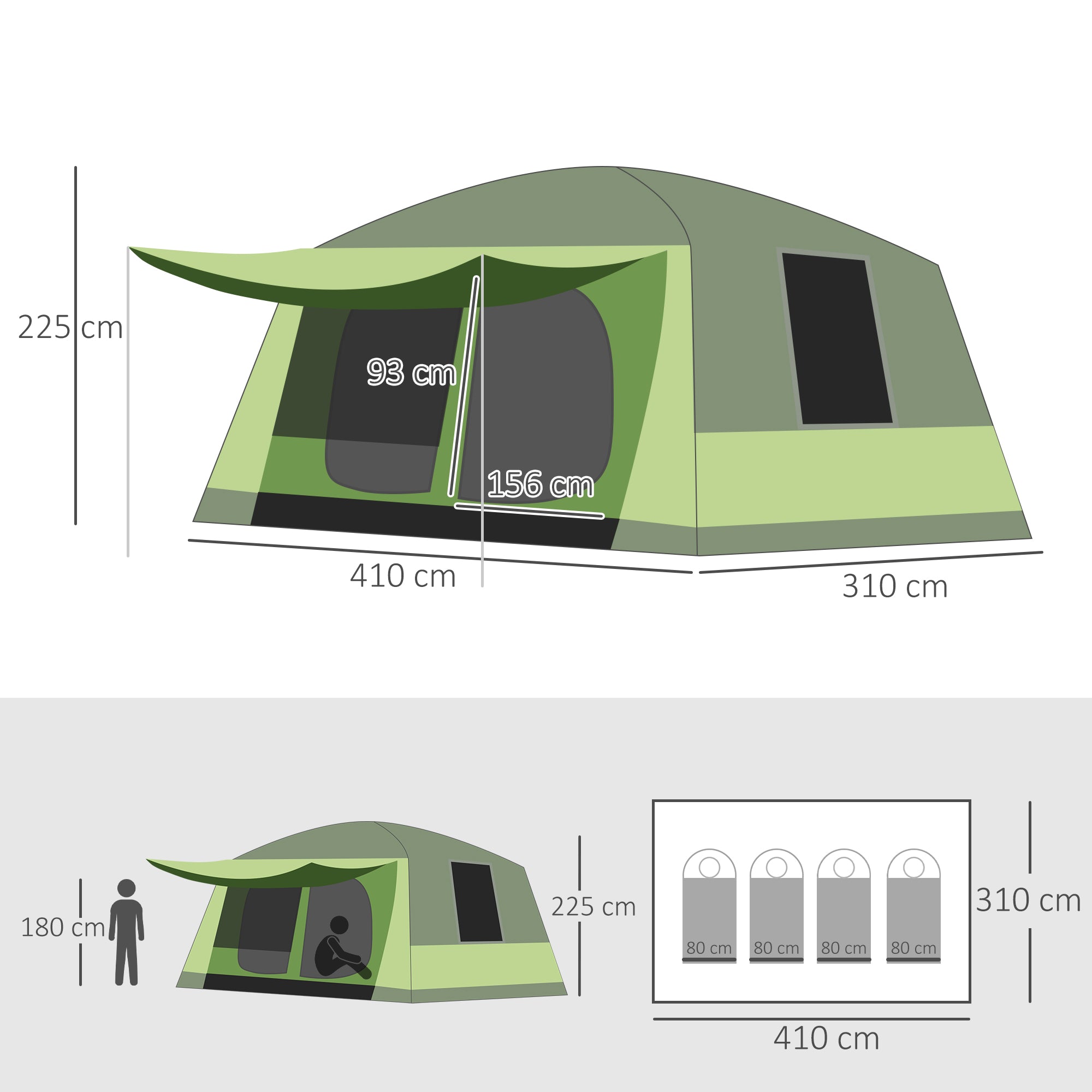 Outsunny Tunnel Tent Camping Shelter w/ Porch, Two Rooms, Lamp Hook, Portable Carry Bag 