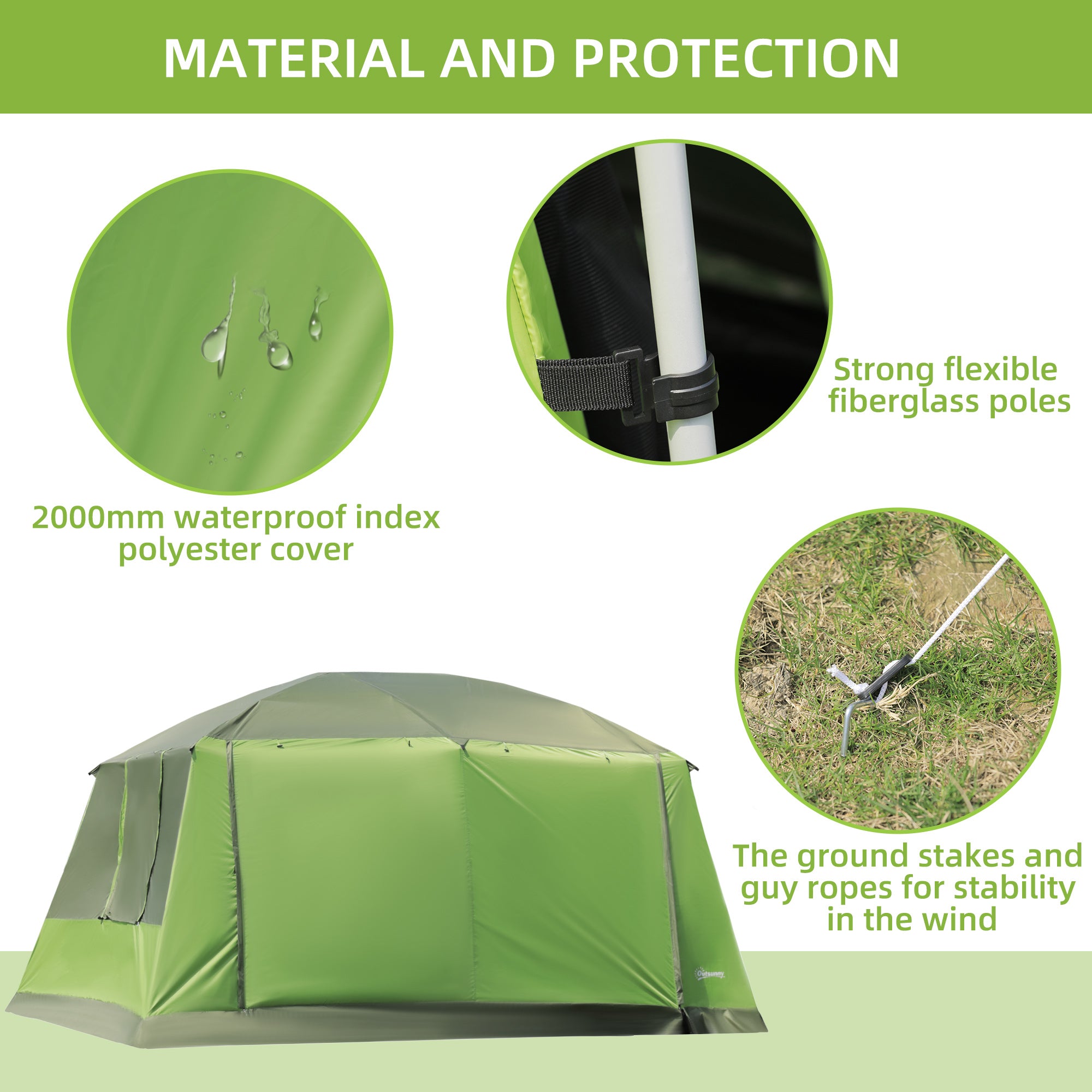 Outsunny Tunnel Tent Camping Shelter w/ Porch, Two Rooms, Lamp Hook, Portable Carry Bag 