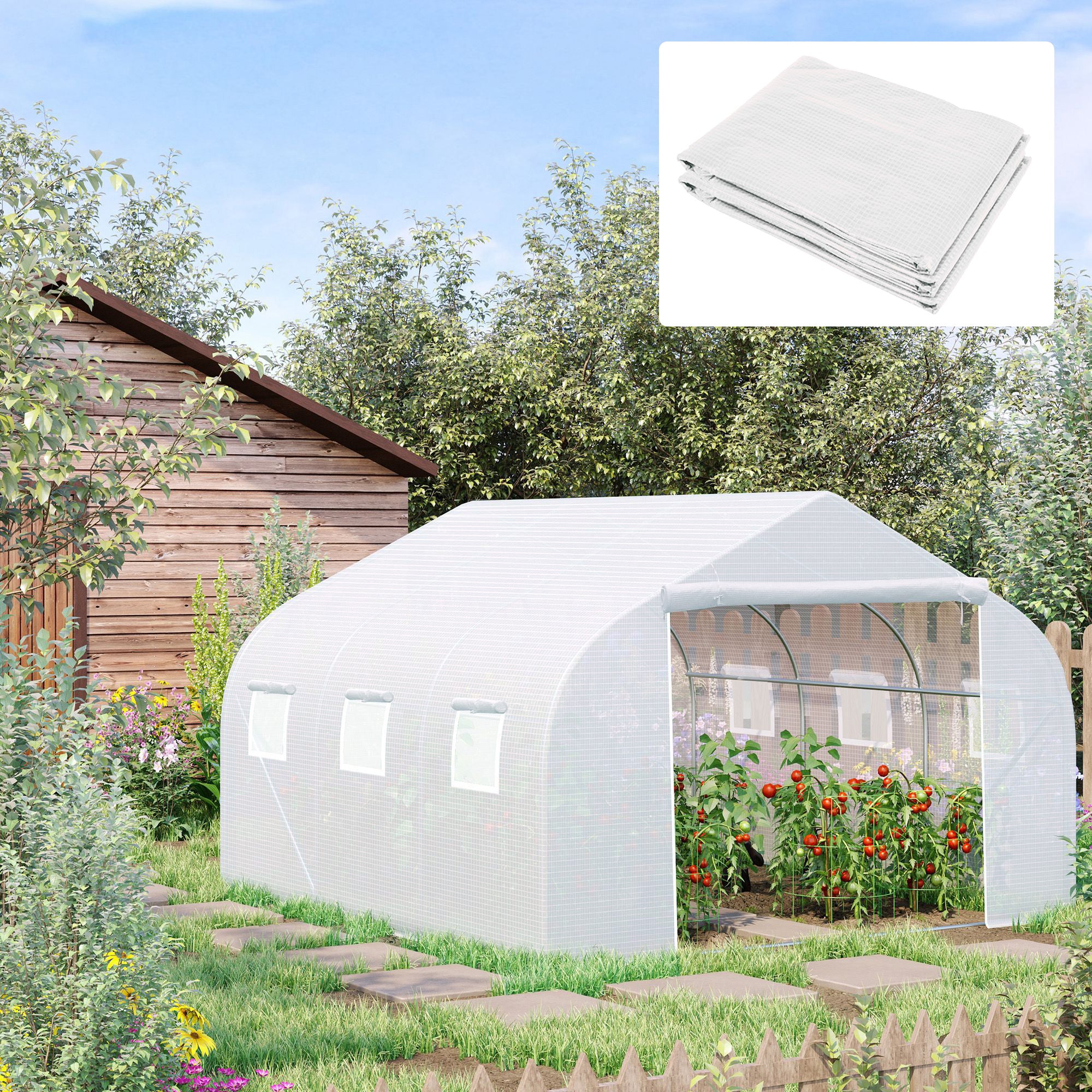 Outsunny Walk In Greenhouse Cover Replacement Plant Growhouse PE Cover 4.5x3x2m White 