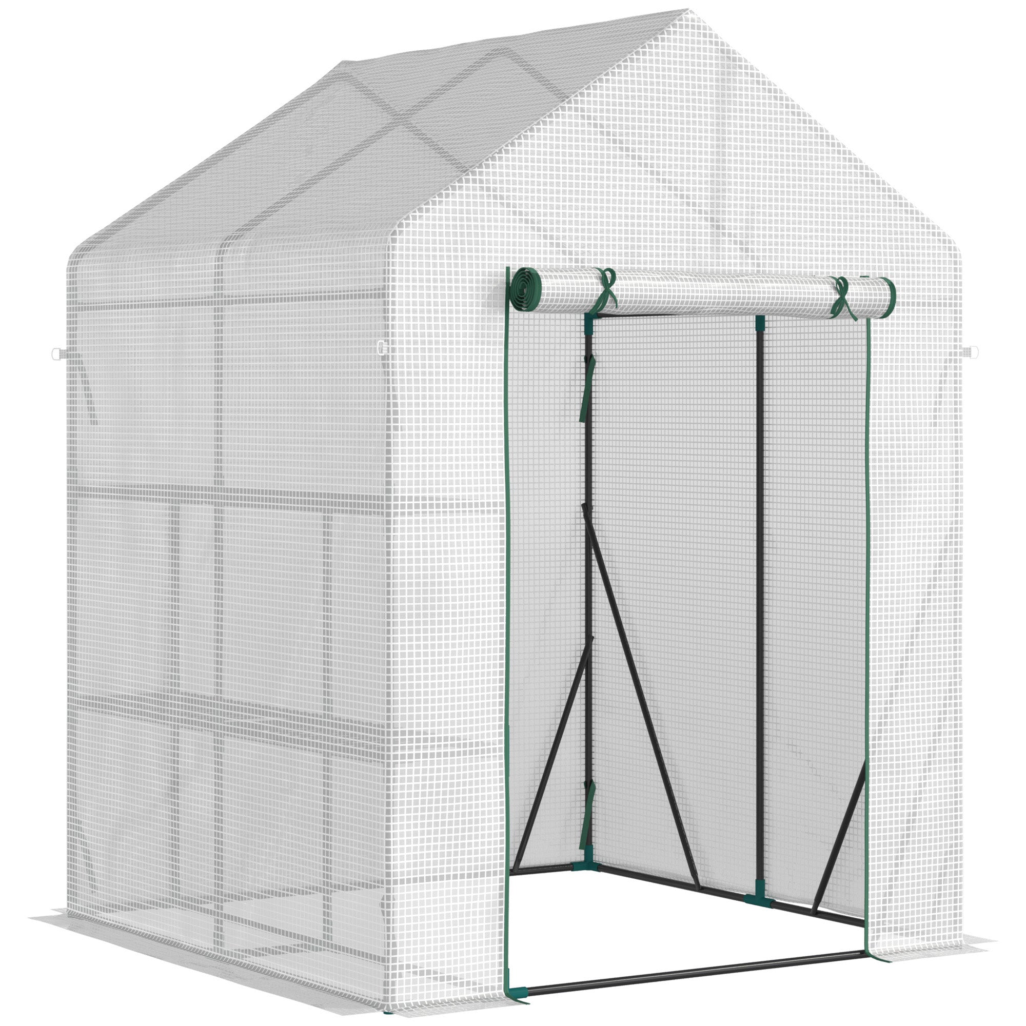 Outsunny Walk In Greenhouse with 2 Tier Shelf, Portable Gardening Plant Grow House with Roll up Zip Panel Door, Reinforced PE Cover, 143 x 143 x 195cm, Green 