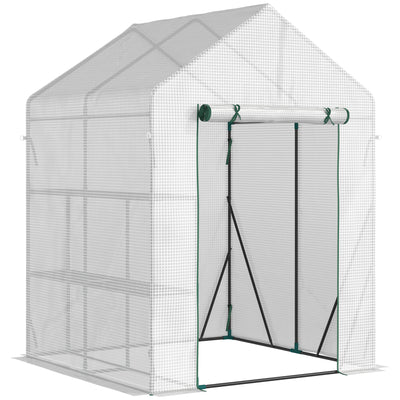 Outsunny Walk In Greenhouse with 2 Tier Shelf, Portable Gardening Plant Grow House with Roll up Zip Panel Door, Reinforced PE Cover, 143 x 143 x 195cm, Green 