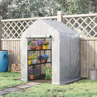 Outsunny Walk In Greenhouse with 2 Tier Shelf, Portable Gardening Plant Grow House with Roll up Zip Panel Door, Reinforced PE Cover, 143 x 143 x 195cm, Green 
