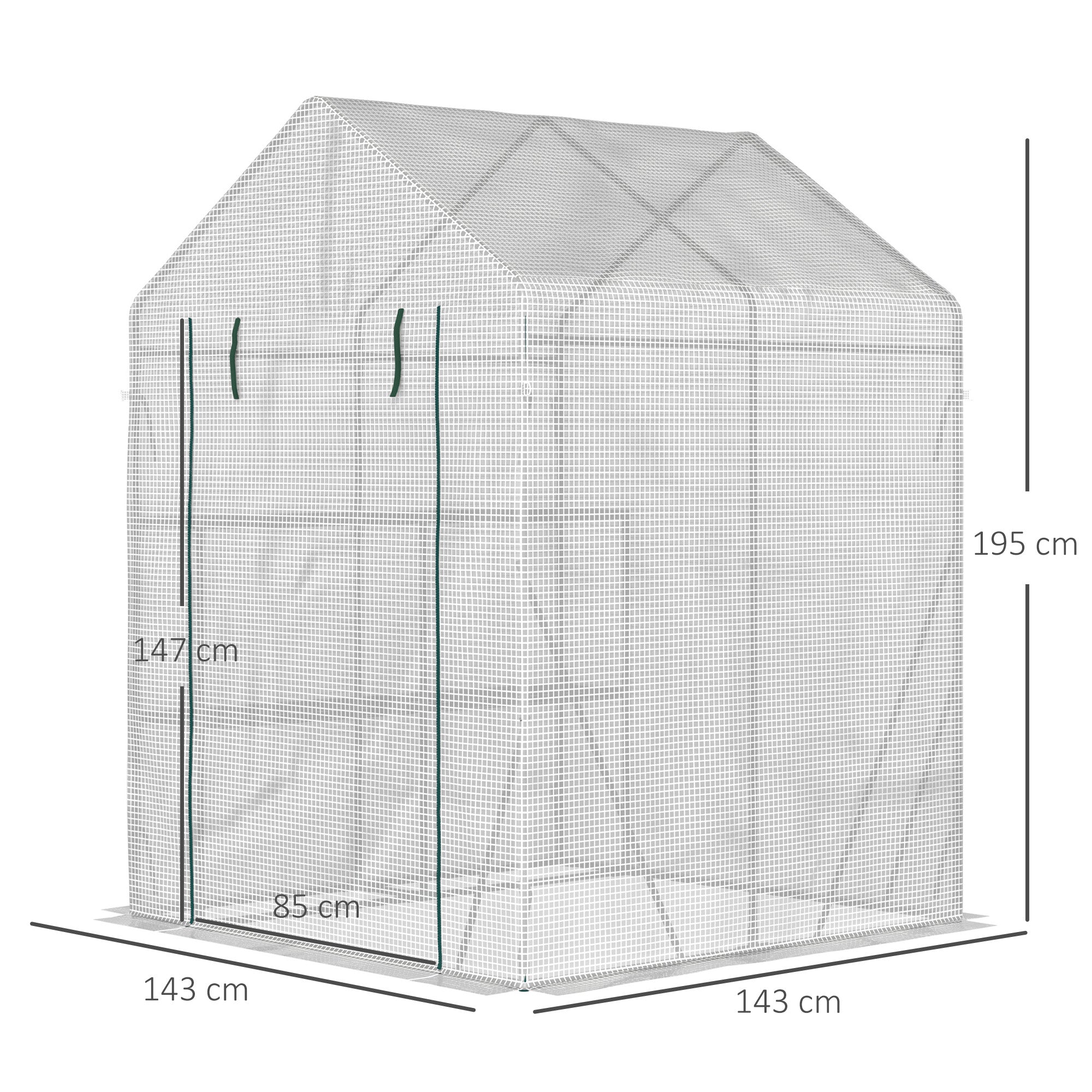 Outsunny Walk In Greenhouse with 2 Tier Shelf, Portable Gardening Plant Grow House with Roll up Zip Panel Door, Reinforced PE Cover, 143 x 143 x 195cm, Green 