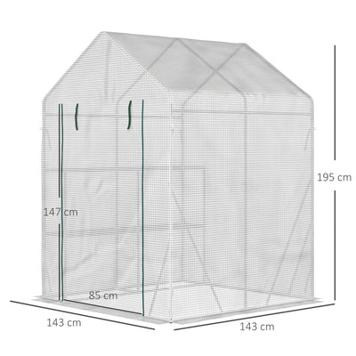 Outsunny Walk In Greenhouse with 2 Tier Shelf, Portable Gardening Plant Grow House with Roll up Zip Panel Door, Reinforced PE Cover, 143 x 143 x 195cm, Green 