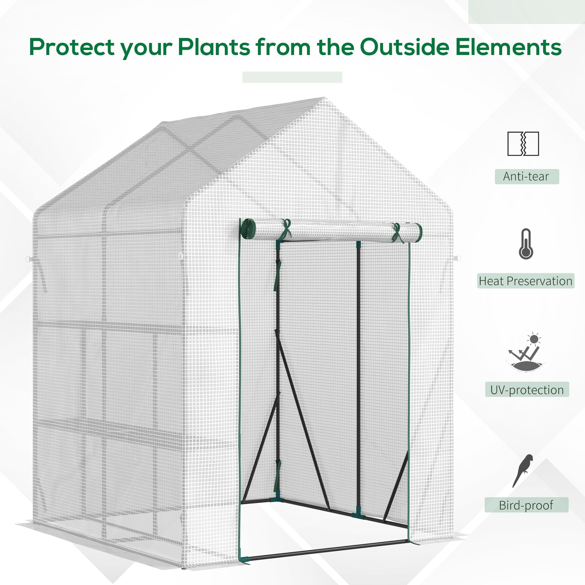 Outsunny Walk In Greenhouse with 2 Tier Shelf, Portable Gardening Plant Grow House with Roll up Zip Panel Door, Reinforced PE Cover, 143 x 143 x 195cm, Green 