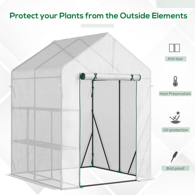 Outsunny Walk In Greenhouse with 2 Tier Shelf, Portable Gardening Plant Grow House with Roll up Zip Panel Door, Reinforced PE Cover, 143 x 143 x 195cm, Green 