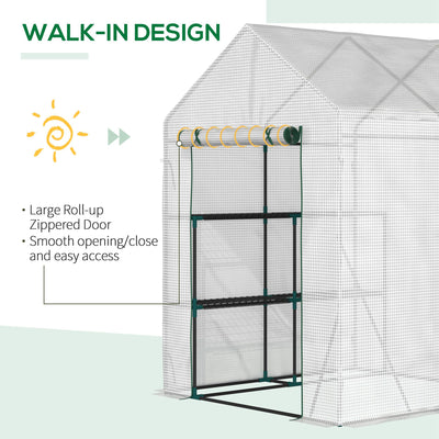 Outsunny Walk In Greenhouse with 2 Tier Shelf, Portable Gardening Plant Grow House with Roll up Zip Panel Door, Reinforced PE Cover, 143 x 143 x 195cm, Green 
