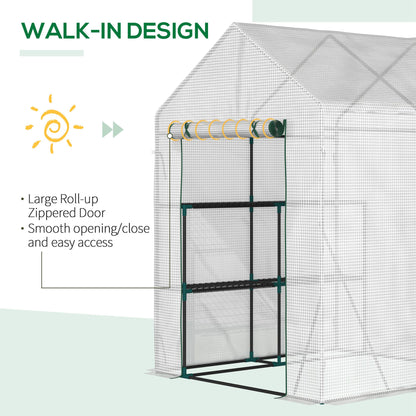 Outsunny Walk In Greenhouse with 2 Tier Shelf, Portable Gardening Plant Grow House with Roll up Zip Panel Door, Reinforced PE Cover, 143 x 143 x 195cm, Green 