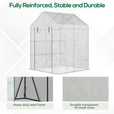 Outsunny Walk In Greenhouse with 2 Tier Shelf, Portable Gardening Plant Grow House with Roll up Zip Panel Door, Reinforced PE Cover, 143 x 143 x 195cm, Green 