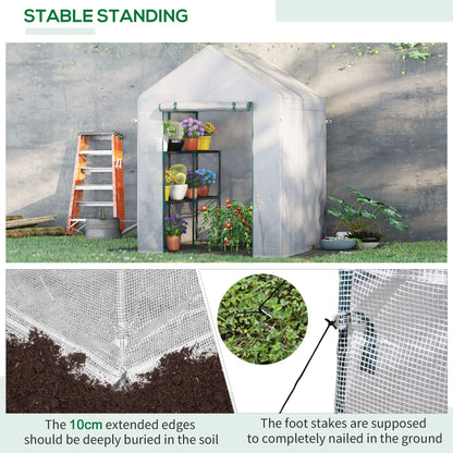 Outsunny Walk In Greenhouse with 2 Tier Shelf, Portable Gardening Plant Grow House with Roll up Zip Panel Door, Reinforced PE Cover, 143 x 143 x 195cm, Green 
