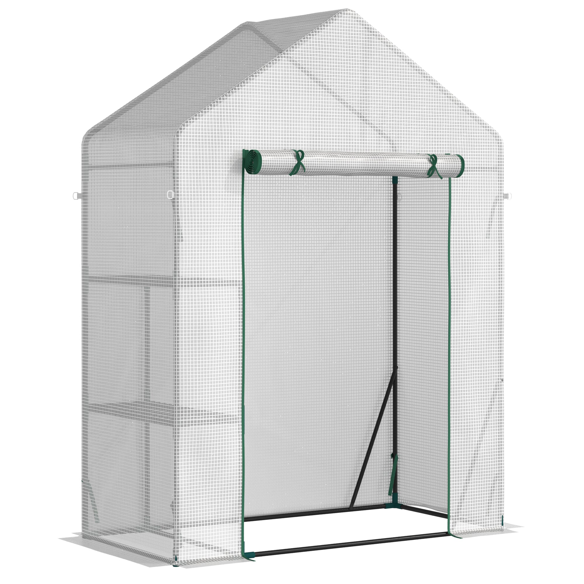 Outsunny Walk In Greenhouse with 2 Tier Shelf, Portable Gardening Plant Grow House with Roll up Zip Panel Door, Reinforced PE Cover, 143 x 73 x 195cm, Green 