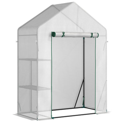 Outsunny Walk In Greenhouse with 2 Tier Shelf, Portable Gardening Plant Grow House with Roll up Zip Panel Door, Reinforced PE Cover, 143 x 73 x 195cm, Green 