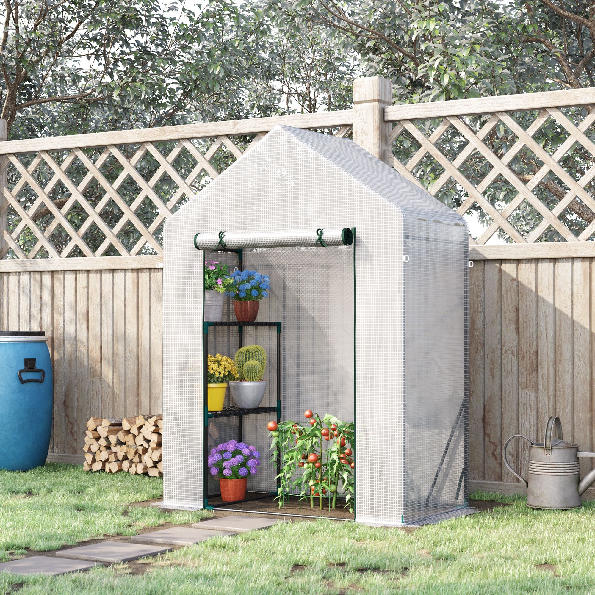 Outsunny Walk In Greenhouse with 2 Tier Shelf, Portable Gardening Plant Grow House with Roll up Zip Panel Door, Reinforced PE Cover, 143 x 73 x 195cm, Green 