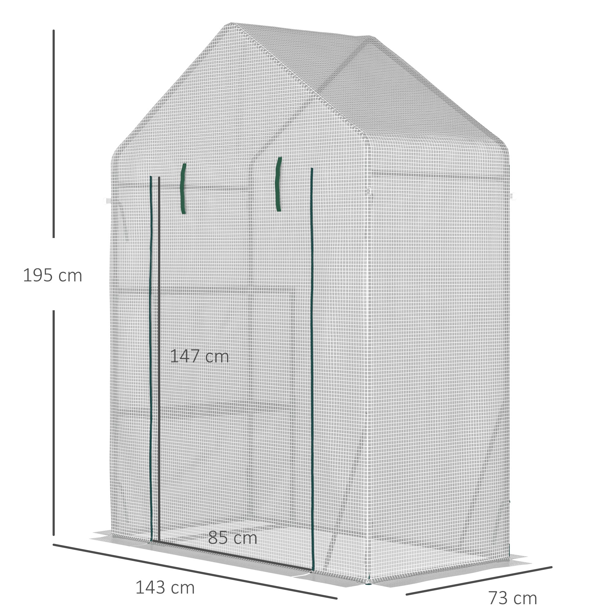 Outsunny Walk In Greenhouse with 2 Tier Shelf, Portable Gardening Plant Grow House with Roll up Zip Panel Door, Reinforced PE Cover, 143 x 73 x 195cm, Green 