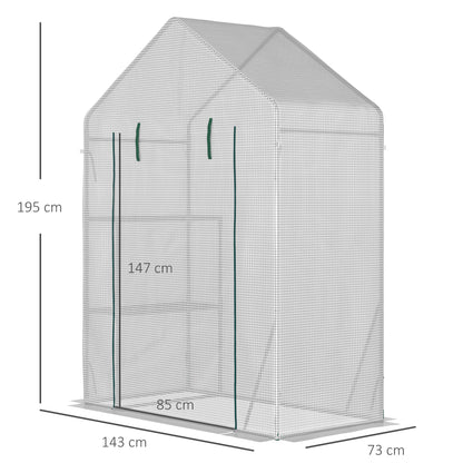 Outsunny Walk In Greenhouse with 2 Tier Shelf, Portable Gardening Plant Grow House with Roll up Zip Panel Door, Reinforced PE Cover, 143 x 73 x 195cm, Green 