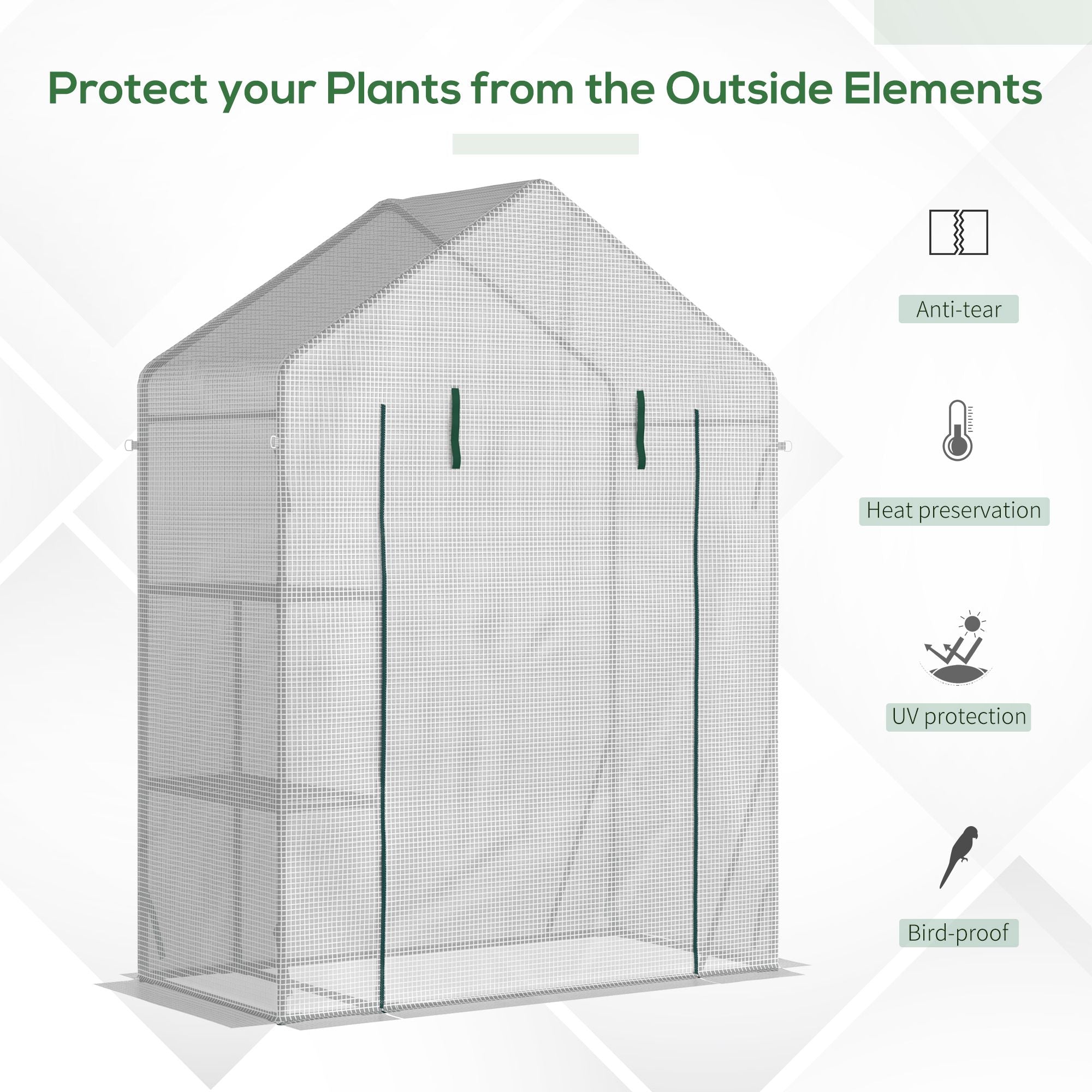 Outsunny Walk In Greenhouse with 2 Tier Shelf, Portable Gardening Plant Grow House with Roll up Zip Panel Door, Reinforced PE Cover, 143 x 73 x 195cm, Green 