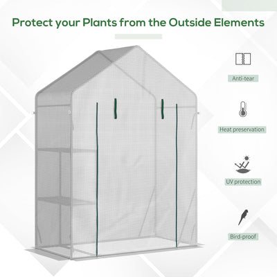 Outsunny Walk In Greenhouse with 2 Tier Shelf, Portable Gardening Plant Grow House with Roll up Zip Panel Door, Reinforced PE Cover, 143 x 73 x 195cm, Green 