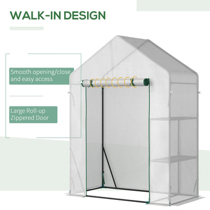 Outsunny Walk In Greenhouse with 2 Tier Shelf, Portable Gardening Plant Grow House with Roll up Zip Panel Door, Reinforced PE Cover, 143 x 73 x 195cm, Green 