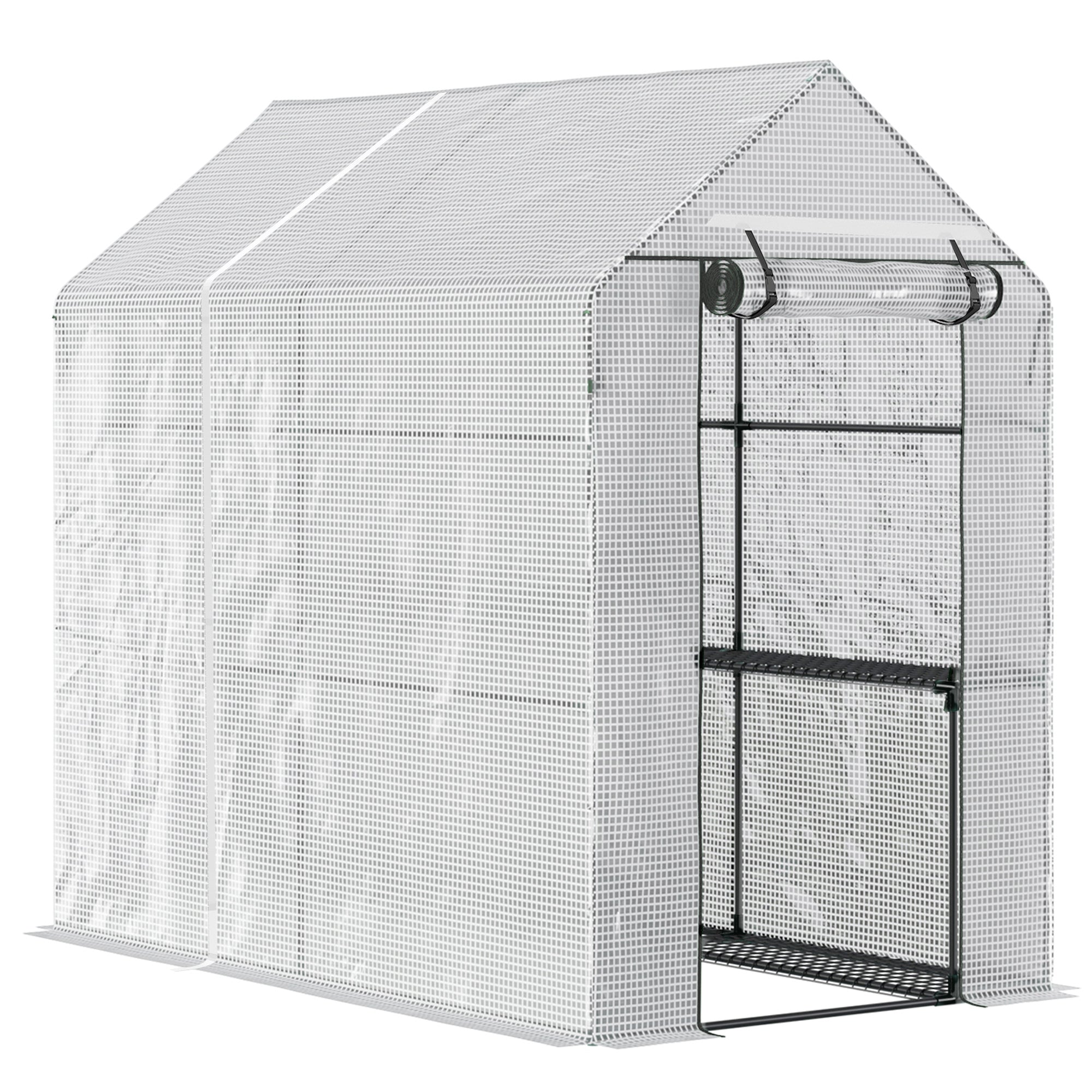 Outsunny Walk In Greenhouse with 2-Tier Shelves, Roll up Zip Panel Door, Garden Polytunnel Steeple Grow House for Outdoor, 6 x 4 x 6ft White 